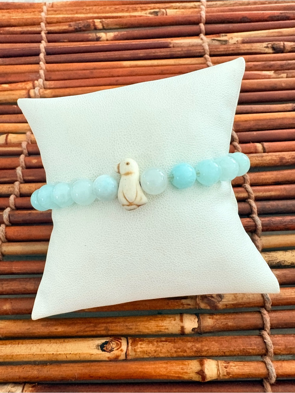 Seafoam Beaded Bracelet with Carved Bird Accent